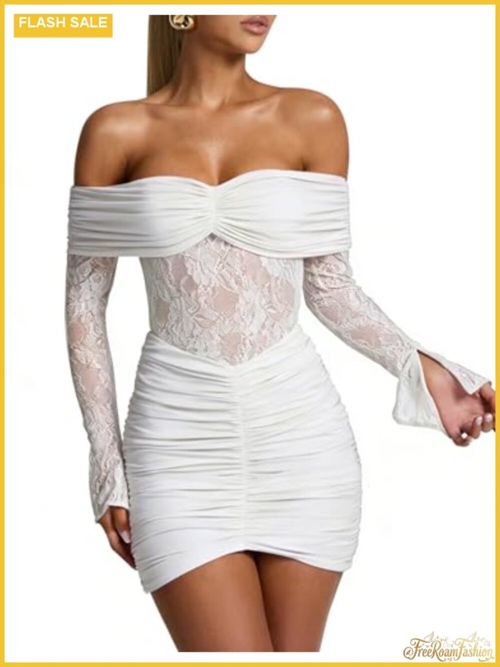 Lace Off Shoulder Long Sleeve Bodycon Mini Dress